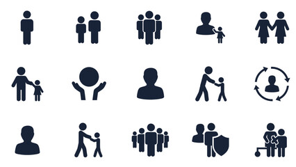 A comprehensive set of silhouette icons illustrating various human relationships, family dynamics, and community concepts.