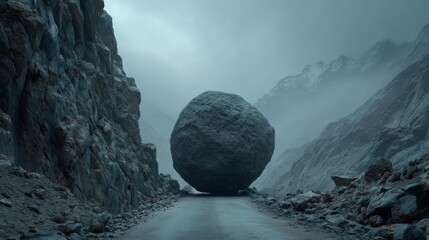 Balanced rock on mountain road in foggy landscape