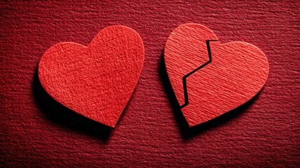 Two red hearts on a textured surface, one broken