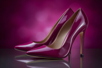 Stylish pink high heels on reflective surface with vibrant purple background