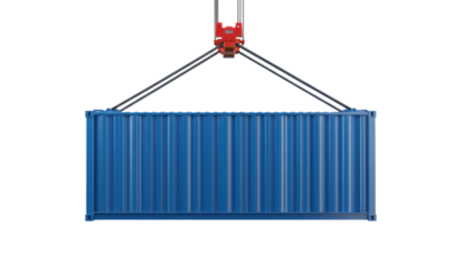 Vibrant blue shipping container suspended by heavy duty red crane hook