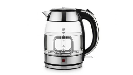 Glass electric kettle with black handle, isolated on white.