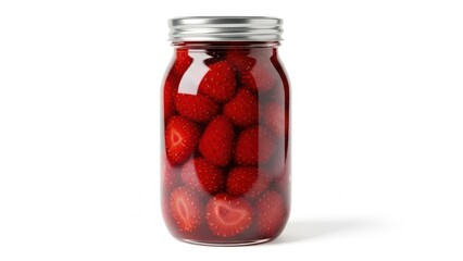 Fresh strawberries preserved in a clear glass jar.