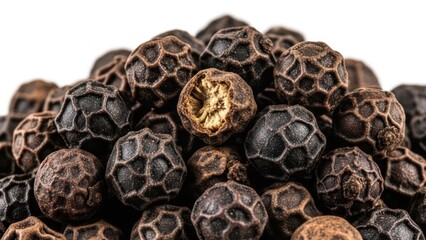 Close-up of whole black peppercorns piled together.
