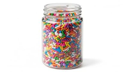 Vibrant jar of colorful candy sprinkles.