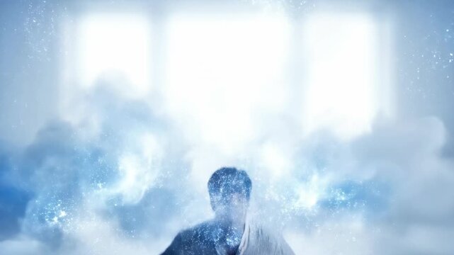 Man in a white shirt surrounded by a glowing cloud with his face obscured by a bright light