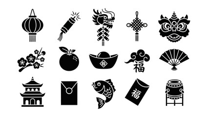 A collection of black silhouette icons representing various traditional Chinese New Year and cultural symbols on a white background. © GJ