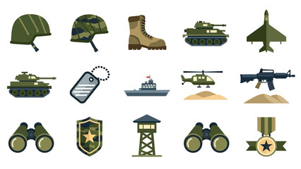 A comprehensive collection of flat design military icons, featuring various vehicles, gear, and symbols of armed forces. © GJ