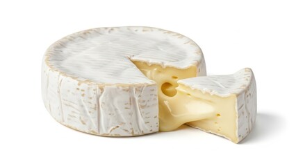 Creamy wheel of brie cheese with a slice cut out.