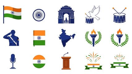 Collection of Indian national symbols and independence day celebration icons, including flag, map, monuments, and festive elements.