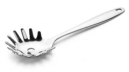 Stainless steel spaghetti server on white background