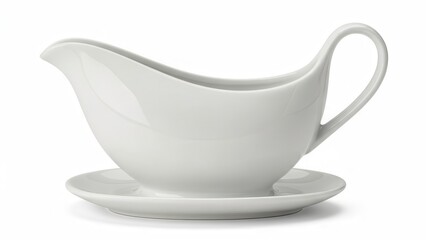 Elegant white porcelain gravy boat with a saucer.