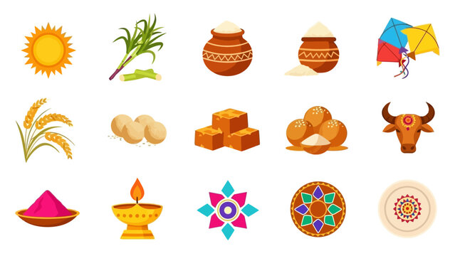 Collection of vibrant icons representing various elements and traditions of Indian harvest festivals like Makar Sankranti and Pongal celebrations.