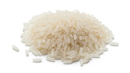 Heap of uncooked white rice on a plain background.
