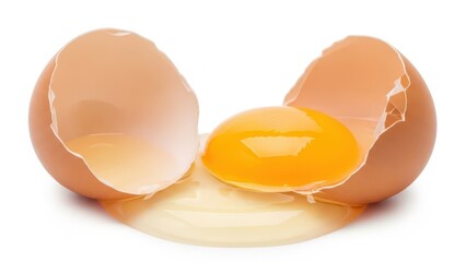 Cracked egg with yolk and albumen on white background.