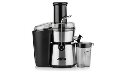 Sleek stainless steel electric juicer with clear pulp container.