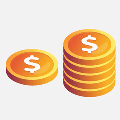Golden coins with dollar signs stacked and isolated on a white background