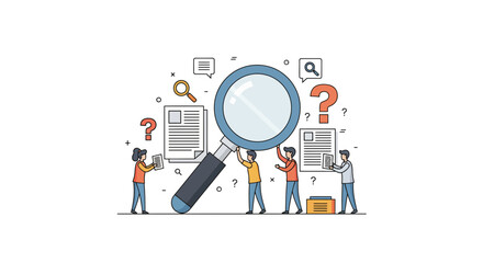 Teamwork and research concept with magnifying glass and documents.