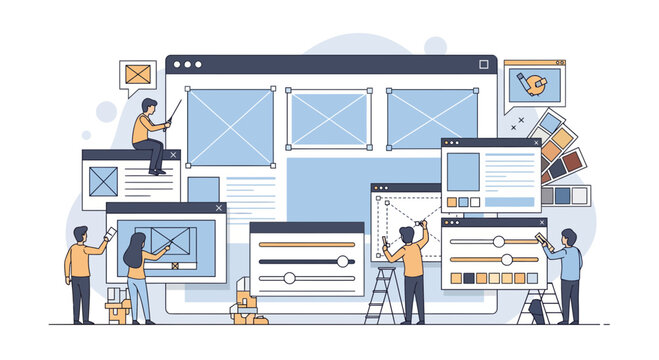 Website design and development process with people working on screens.