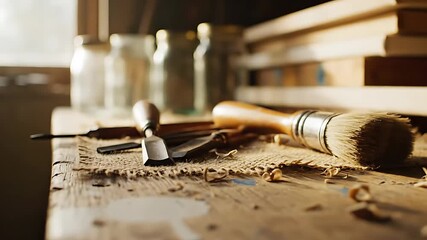 woodworking tools on wooden workbench. - Powered by Adobe
