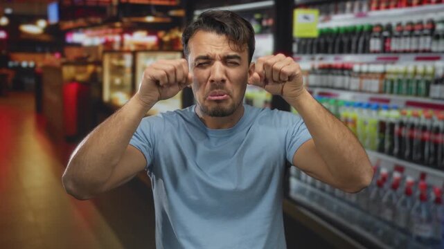 Young man making mocking expression indoors in restaurant with beverage display in background under warm lighting showcasing casual hispanic culture.