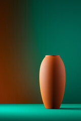 Fototapeta premium Minimalist terracotta vase on teal and brown background with soft lighting