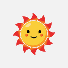 Cute cartoon sun with a happy face and red-orange rays, isolated on white background