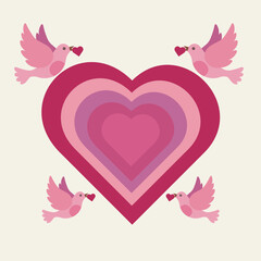 Four pink doves carrying hearts fly around a large pink heart on a light background