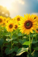 Obraz premium A vibrant field of sunflowers basking in the golden sunlight, their tall stalks swaying gently in the breeze Perfect for summer, nature, and agriculture themes , head, sunny