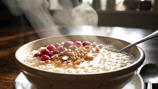 Hot oatmeal with berries and nuts in a bowl.