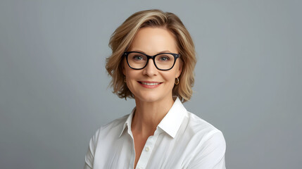 Clean professional studio portrait of confident mature woman with glasses smiling against neutral background, modern corporate headshot for business branding and leadership