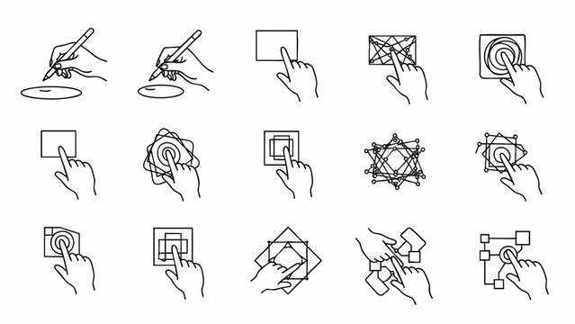 Vector line art icons illustrating various hand gestures for touch screen devices. Essential UI/UX elements for mobile and tablet interactions: tap, swipe, pinch, zoom.