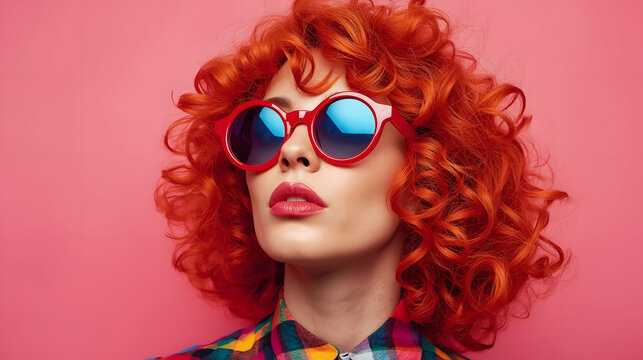 Vibrant fashion portrait of stylish redhead woman with curly hair and colorful outfit wearing round sunglasses, bold beauty, creative style, modern pop art mood