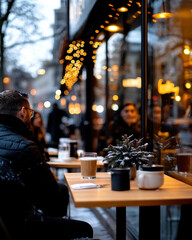 Fototapeta premium A cozy café setting in a snowy urban environment, showcasing a warm drink on the table and soft reflections in the glass, inviting a sense of comfort and togetherness.