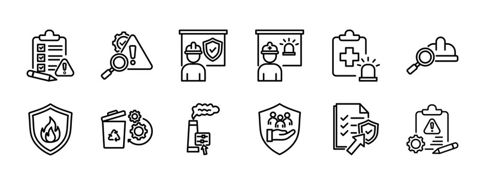 Health, Safety, and Environment icon set outline collection, contains Risk Assessment, Hazard Identification, Safety Training, Emergency Response Plan, Workplace Safety Inspection