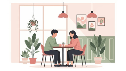 Fototapeta premium Couple Enjoying Coffee Together in a Serene Indoor Setting with Decorative Plants