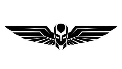 Stylized black and white illustration of a winged creature emblem
