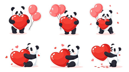 Adorable pandas with red heart balloons in various playful poses on white background