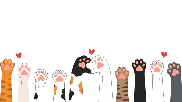 Various cat paws and hearts in a digital illustration showcasing affection and friendship