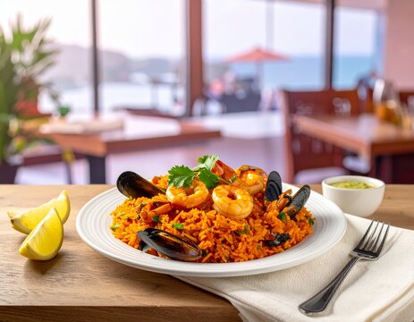 Cocina peruana Arroz con mariscos en un ambiente claro y brillante