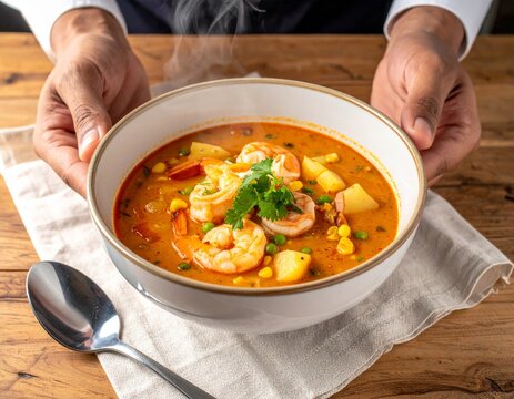 Chupe de camarones de Per&uacute; en un plato caliente con ingredientes frescos y sabrosos