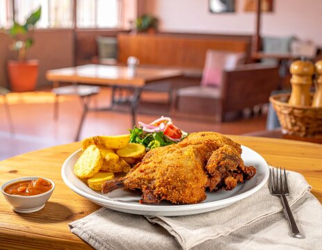 Cuy chactado de la cocina peruana con guarniciones en un ambiente luminoso y limpio