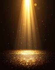 ゴールドのスポットライトとグリッターが舞うステージ背景（ラグジュアリー／受賞演出）
