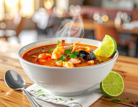 Parihuela peruana con mariscos y lim&oacute;n en un restaurante