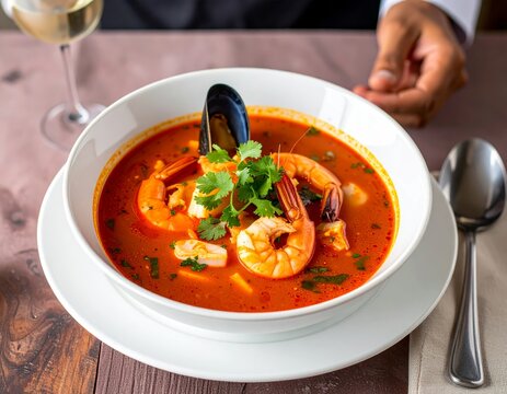 Plato de parihuela en la cocina peruana con mariscos frescos y aroma intenso