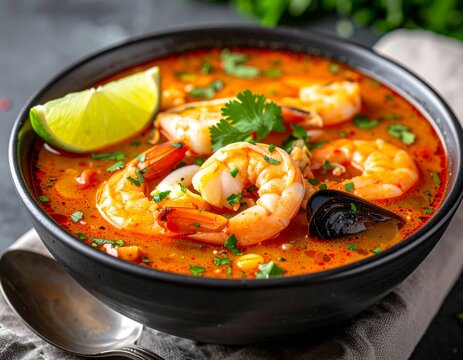 Platillo t&iacute;pico de la cocina peruana con Parihuela y mariscos frescos en un taz&oacute;n