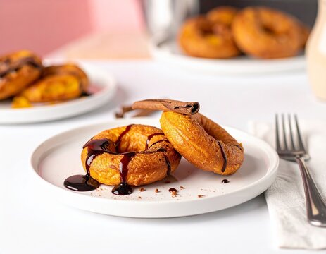 Picarones peruanos en una presentaci&oacute;n clara y brillante con salsa de chocolate