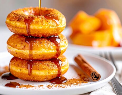 Picarones peruanos con miel en un plato blanco