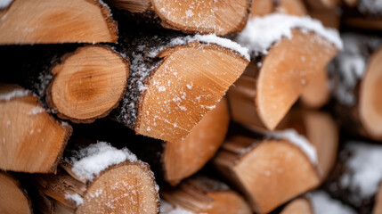 A close-up view of chopped wood, lightly dusted with snow, showcasing the intricate textures and patterns created by nature, ideal for conveying themes of warmth and resilience.