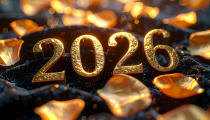 Countdown to 2026: A luxurious, golden year comes alive, embellished with shimmering petals amidst a rich tapestry of textures, offering a sense of elegance and anticipation. 